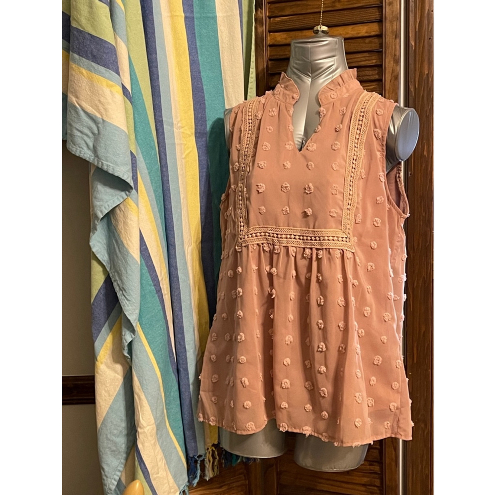 Women's Amazon Blouse Top L Pink, sleeveless, Swiss dot